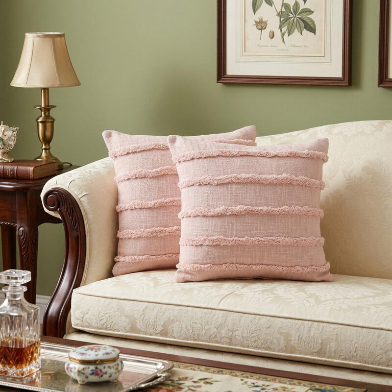 HomeRoots Set of Two Pink Ribbed Cotton Throw Pillows With Fringe image number 1