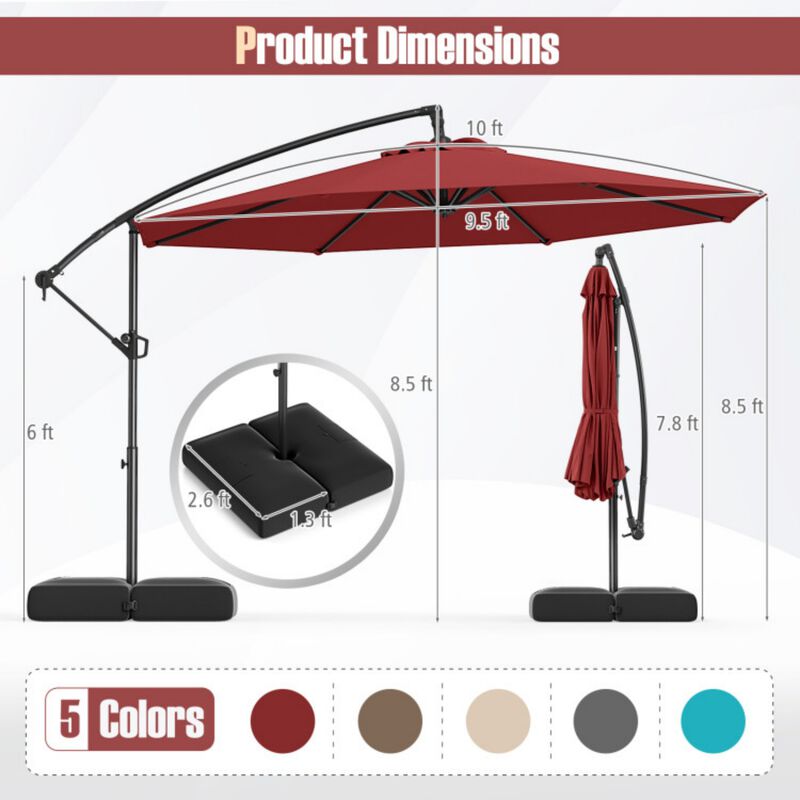 10 Feet Offset Hanging Umbrella with Base Patio Cantilever Umbrella with Tilt-Red image number 3