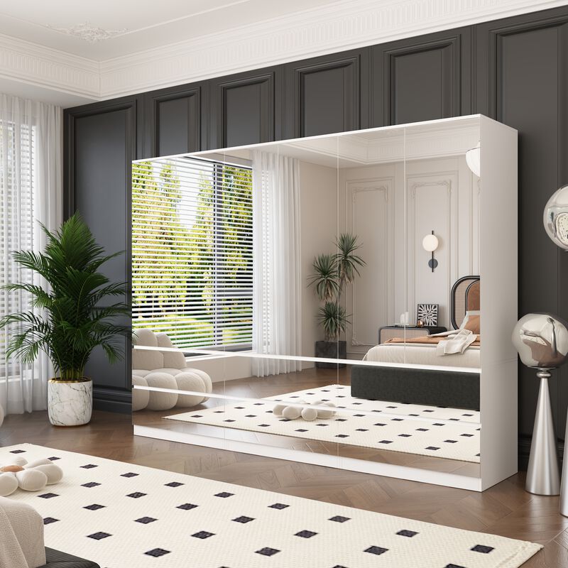 FUFU&GAGA Modern White Armoire with Full-Length Glass Mirrors – Elegant Wardrobe with Ample Storage and Robust Construction, (94.5" L x 19.7" W x 70.9" H),Silver