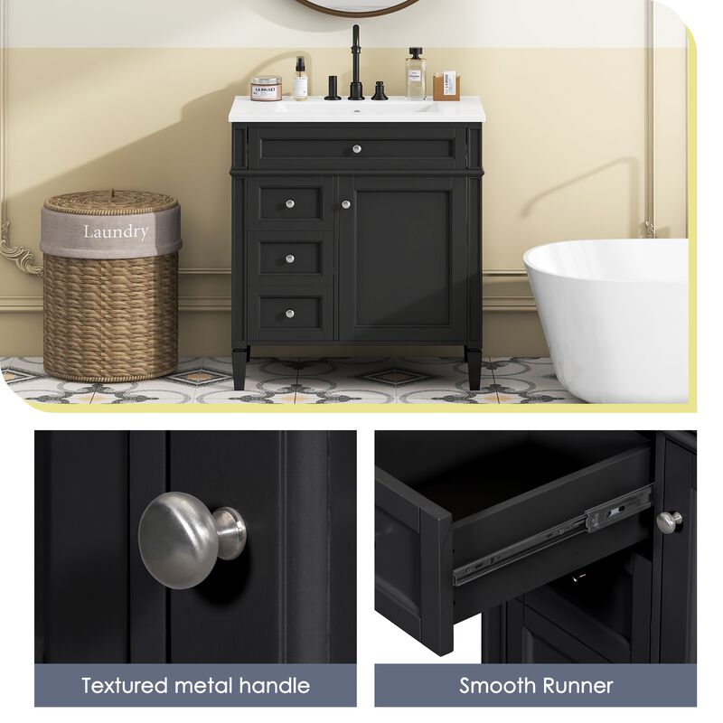 30 in. W Modern Single Sink Bathroom Vanity with 2 Drawers and 1 Tip-Out Drawer image number 4