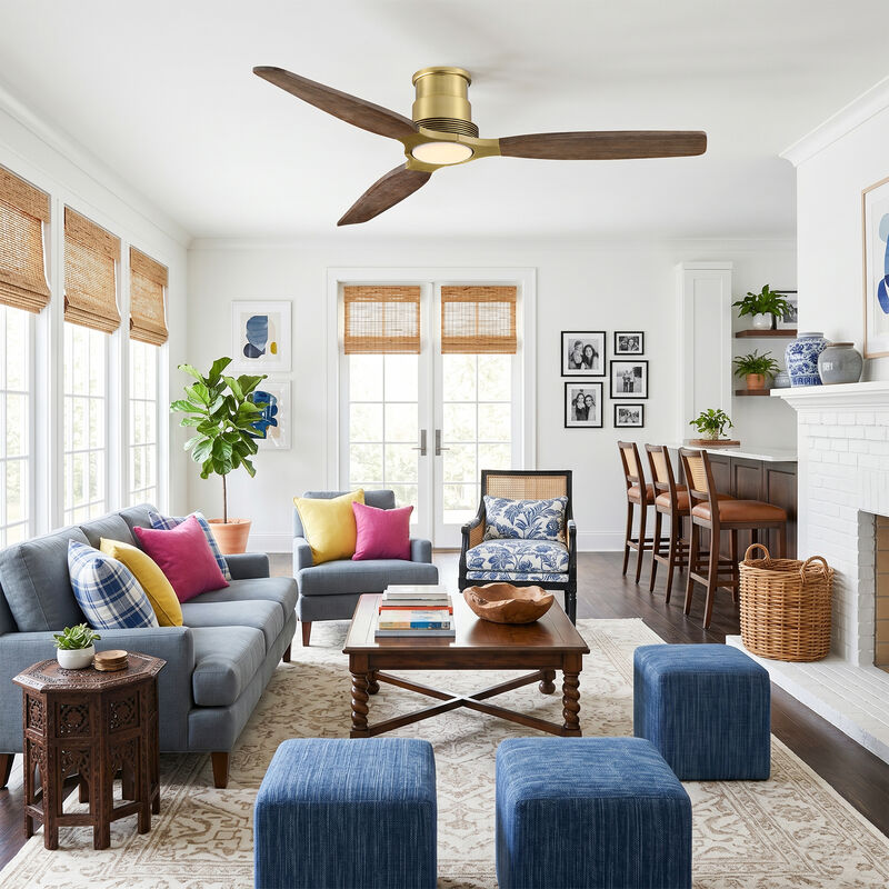 56" Mid Century Soft Brass Low Profile Solid Wood Reversible DC Motor Dimmable LED 6 Speed Flush Mount Ceiling Fan with Light and Remote image number 2