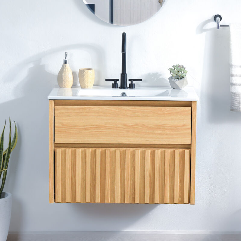 Sherwin 30" Slat Modern Coastal 2-Drawer Wall Mounted Bath Vanity Cabinet Only (Sink Basin Not Included) image number 1