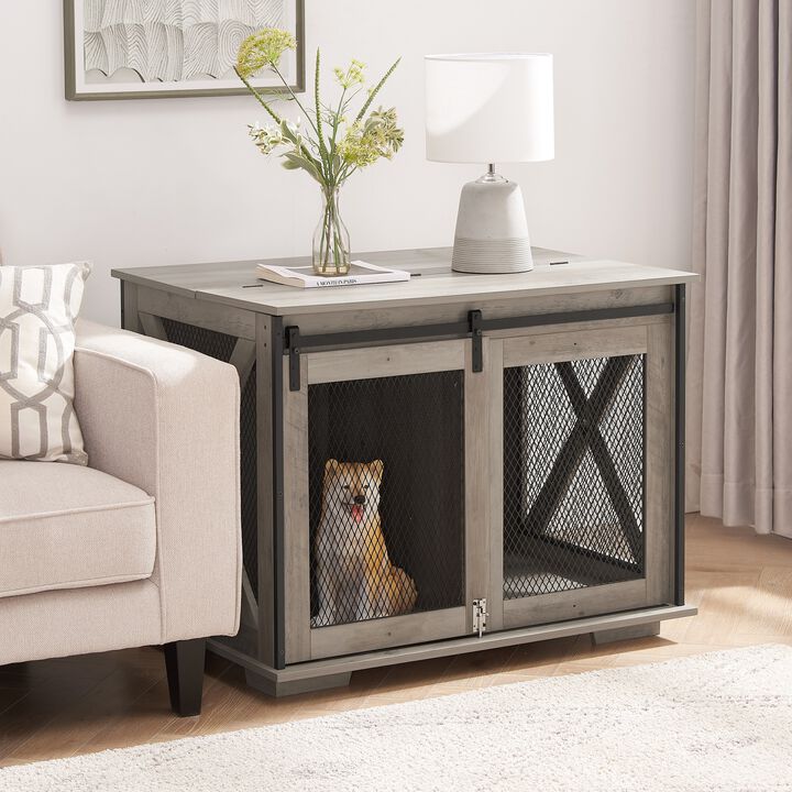 Mondawe Farmhouse Dog Cage Flat Noodles Cabinet, Wooden Dog House End Table With Overturning Roof