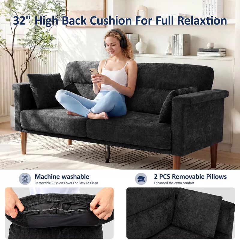 69" Chenille Loveseat Sofa with Foldable Side Tray Table image number 5