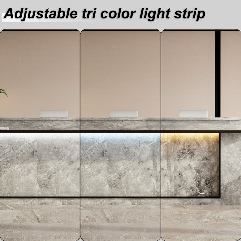 FUFU&GAGA Modern Reception Desk with LED Light Strips, Large Work Surface, Storage Cabinets & Open Shelves, Marble & Brown Finish (94.5 in.  W x 63 in.  D x 41.3 in.  H)