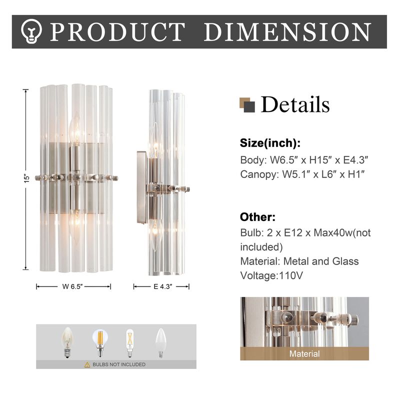 Clara 2-Light Satin Nickel Crystal Glass Bar Wall Sconce image number 6