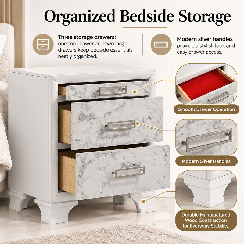Mirevessiq Marble-Front 3-Drawer Nightstand image number 4
