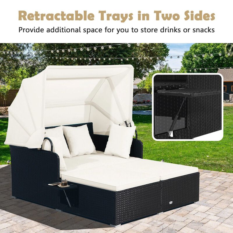 Mondawe Patio Rattan Daybed with Retractable Canopy and Side Tables
