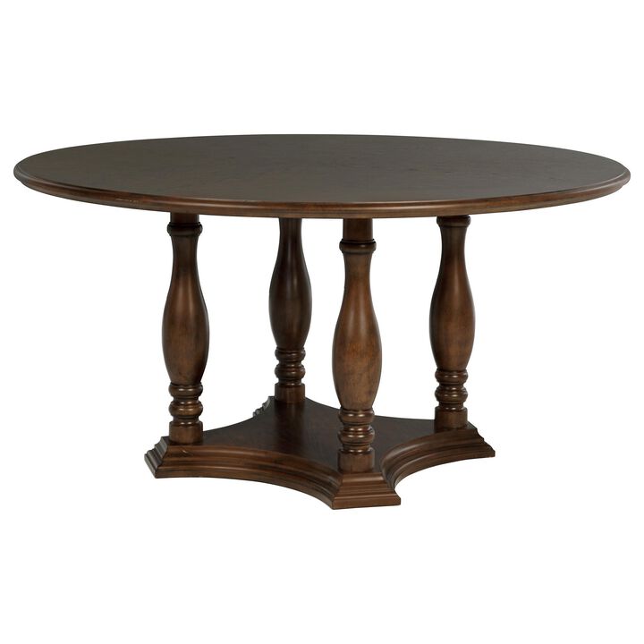 Monta Round Dining Table, Turned Legs and Shelf, Brown Wood 60 Inch - Benzara
