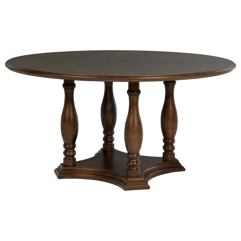 Monta Round Dining Table, Turned Legs and Shelf, Brown Wood 60 Inch - Benzara