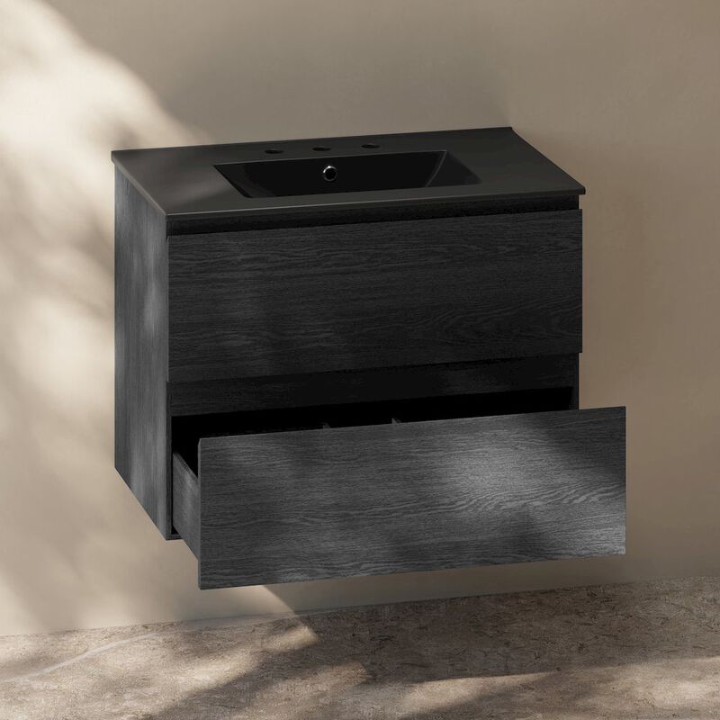 30" Wall-Mounted Bathroom Vanity in Black Oak, Black 3-Hole Widespread Sink Top image number 4