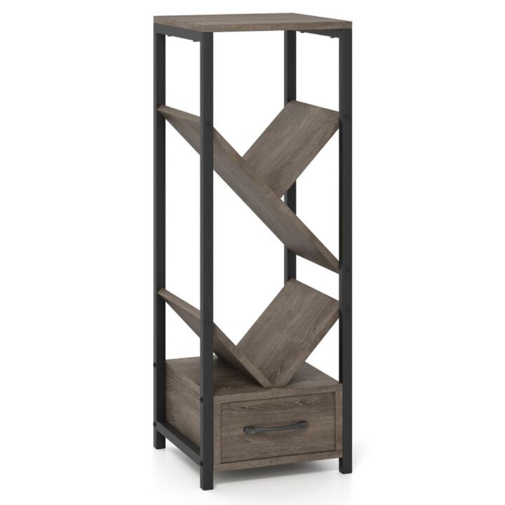 Hivvago 4 Tier Floor Tree Bookshelf with Drawer and Metal Frame