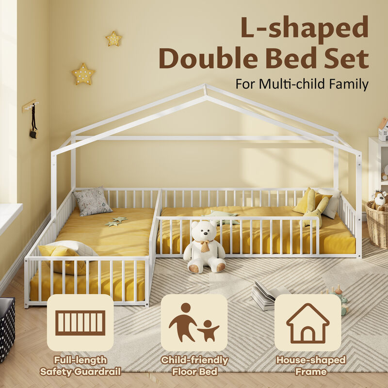 Merax Double Twin Size L-Shaped Montessori Bed, Metal Corner House Bed Frame with Fence image number 5