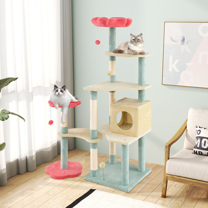 Floral-Themed Tall Kitten Tower with Cozy Flower-Shaped Plush Perch