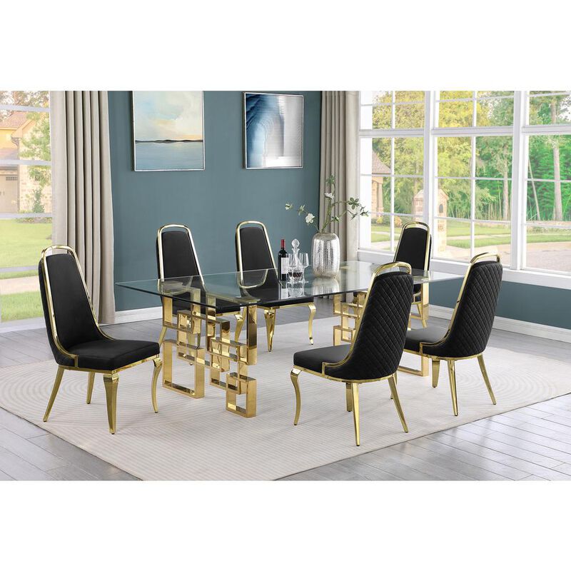 7-piece glam dining set with 6 Black side chairs and one 95" glass dining table