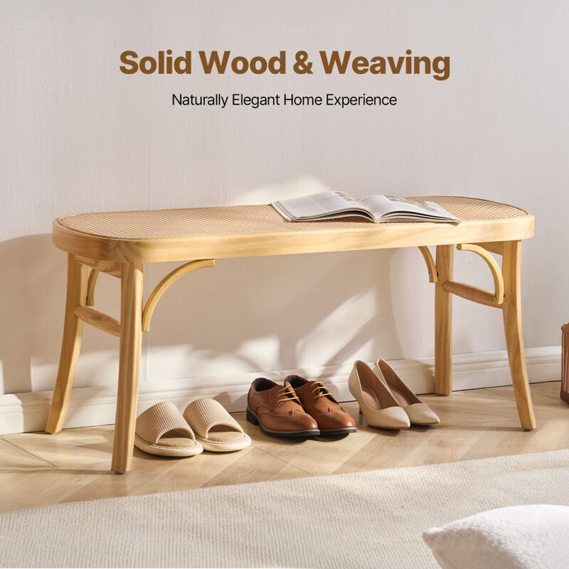 Entryway Rattan Bench Wooden Accent Seat for Living Room or Bedroom