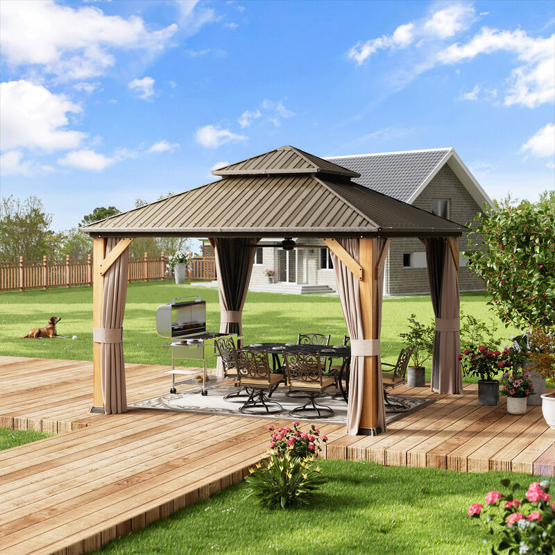 Mondawe 12 ft. x 12 ft. Brown Cedar Wood Frame Hardtop Gazebo with Galvanized Steel Double Roof, Curtains and Netting