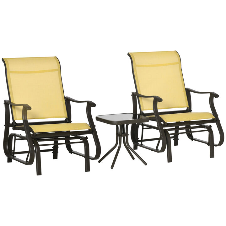 Outsunny 3-Piece Outdoor Gliders Set Bistro Set with Steel Frame, Tempered Glass Top Table for Patio, Garden, Backyard, Lawn, Beige