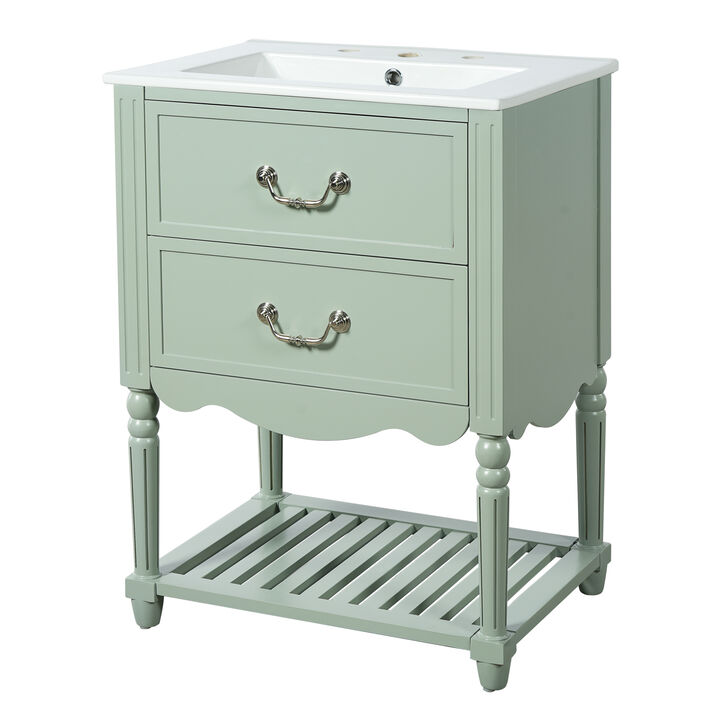 ELEMENT ACE 24 Inch Bathroom Vanity with Ceramic Sink, Bathroom Storage Cabinet with Two Soft-Close Drawers and Open Shelf, Vintage Elegant Wave Design for Bathroom Use