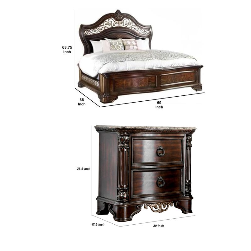 Queen Bedroom Set in Brown Cherry & Gold Wood &ndash; 3 Piece Set with 2 Nightstands image number 7