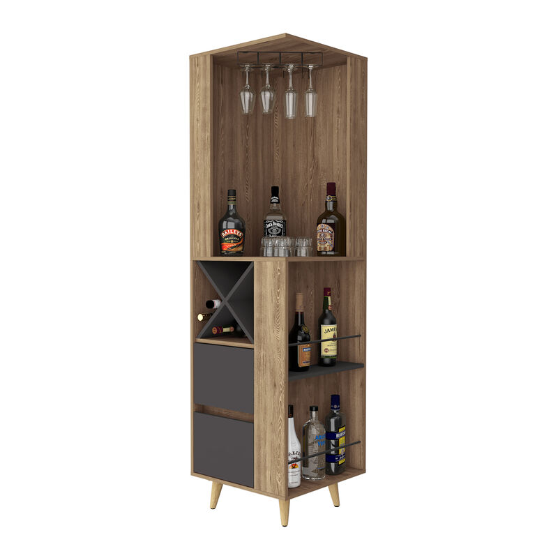 DEPOT E-SHOP Lisbon Corner Bar Cabinet, Two External Shelves, Two Drawers, Four Wine Compartments, Pine / Matt Gray