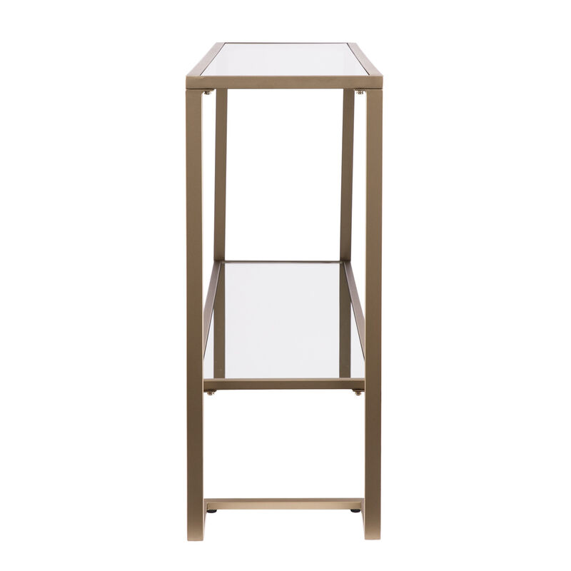 HomeRoots 52" Clear and Gold Mirrored Glass and Metal Sled Console Table With Shelf image number 4