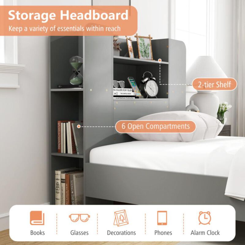 Hivvago Twin Size Wooden Platform Bed Frame with Bookcase Headboard