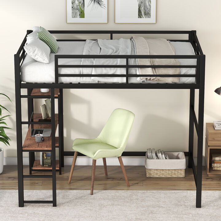 Merax Metal Loft Bed with Built-in Desk and Storage Shelves