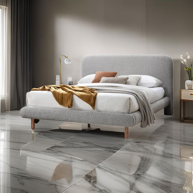 Damazy King Size Bed, Curved Edges, Gray Boucle Upholstery, Brown Wood - Benzara