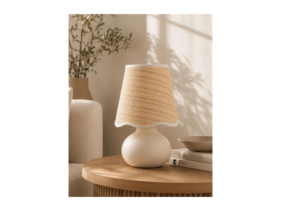 Dimmable Boho Ceramic Rattan Table Lamp For Bedroom Nightstand Cream