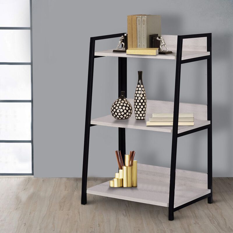 Wooden Bookshelf with 3 Open Compartments, Washed White and Black-Benzara