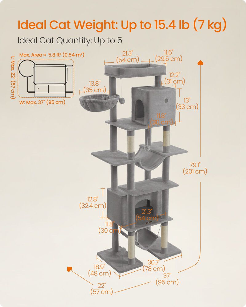 Extra-Tall Cat Tree for Indoor Cats &ndash; 79.1 Inch Multi-Tier Tower with Plush Beds, Condos, and Sisal Posts