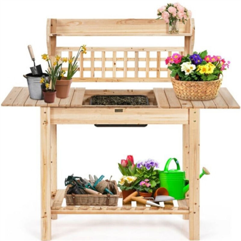 Solid Wood Garden Potting Bench with Removable Sink and Bottom Shelf for Outdoor Use