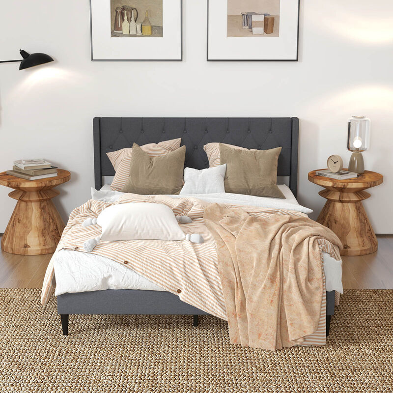 Queen Size Upholstered Platform Bed with Button Tufted Wingback Headboard