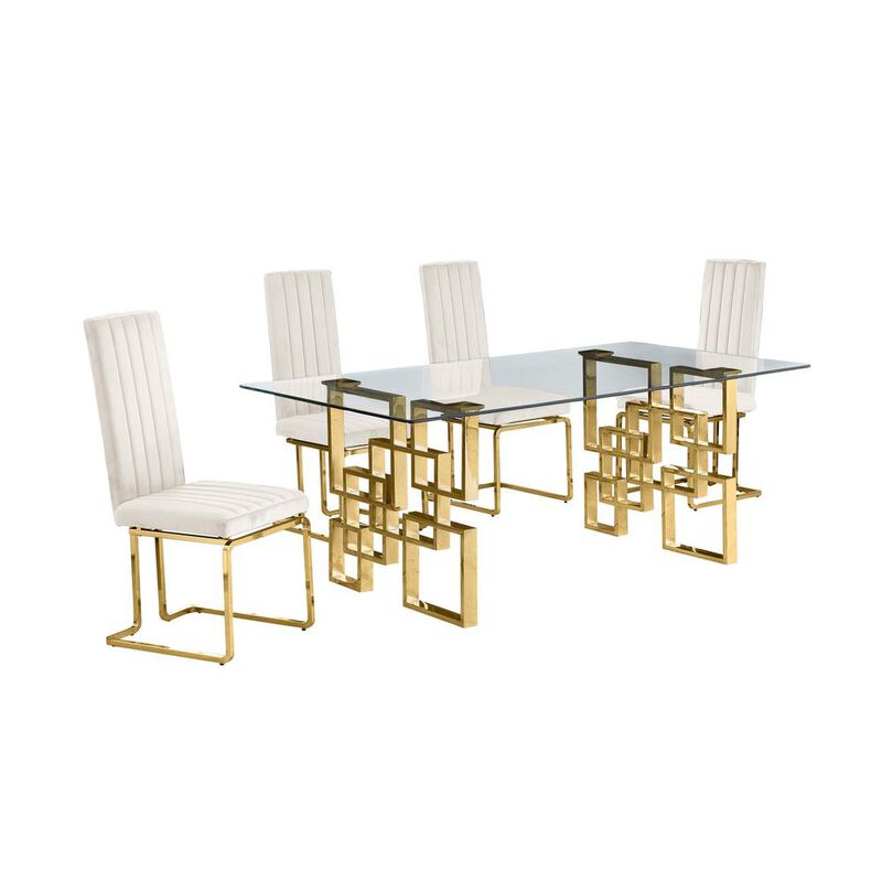 5-piece glam dining set with 4 cream chairs and one 79" glass  table