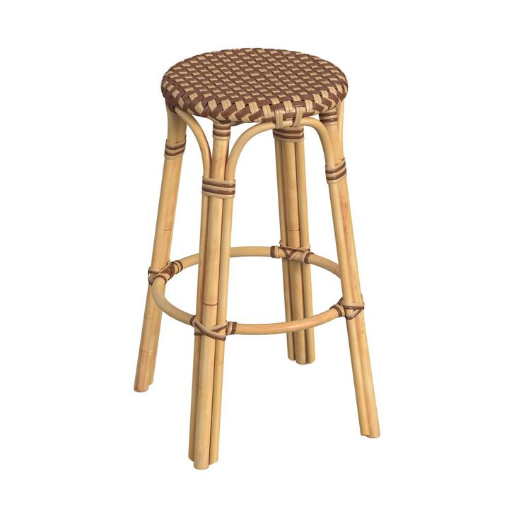 Butler Specialty Tobias Round Rattan 30 Bar Stool, Brown and Tan Dot