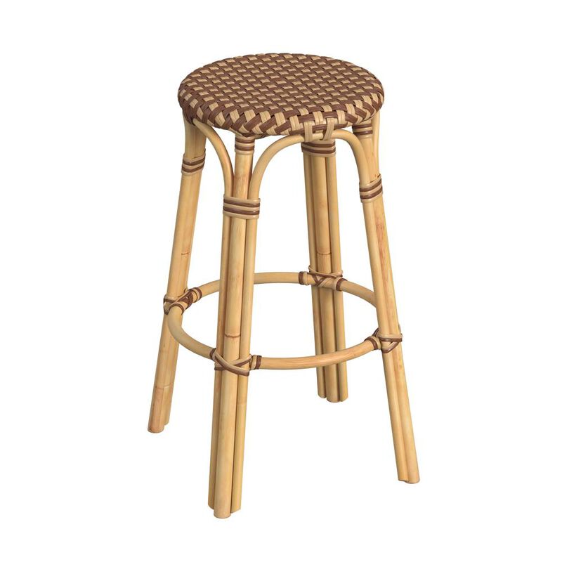 Butler Specialty Tobias Round Rattan 30 Bar Stool, Brown and Tan Dot