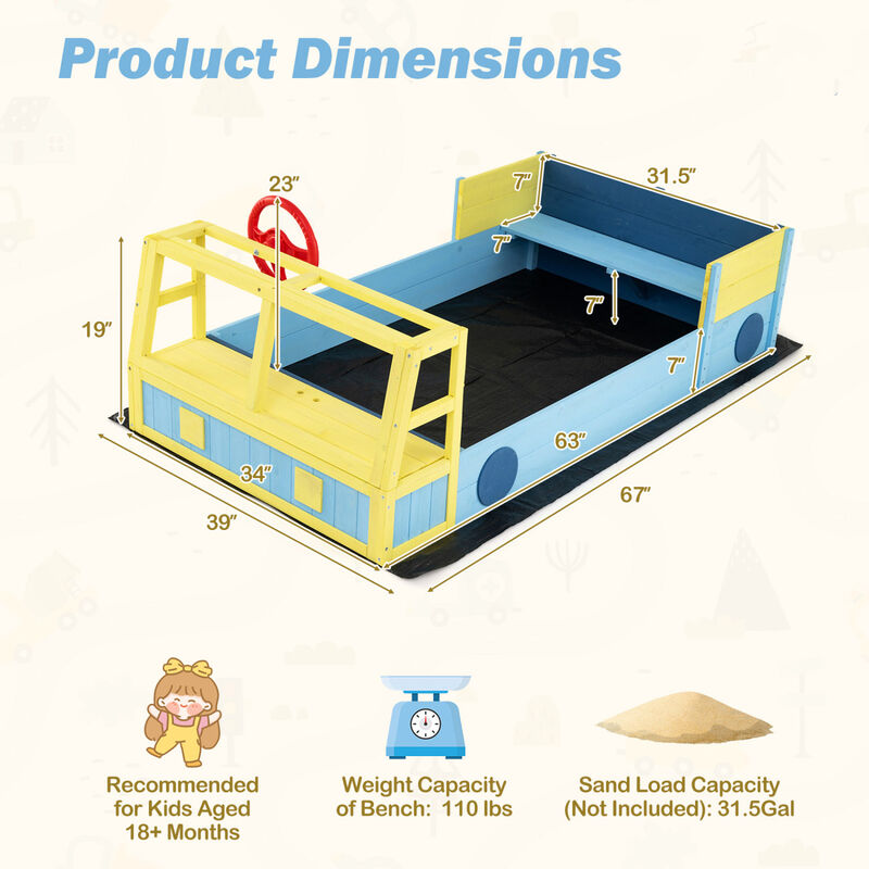 Large Car Style Sandbox with Wooden Frame and Bottom Liner for Kids Outdoor Play-Blue image number 2