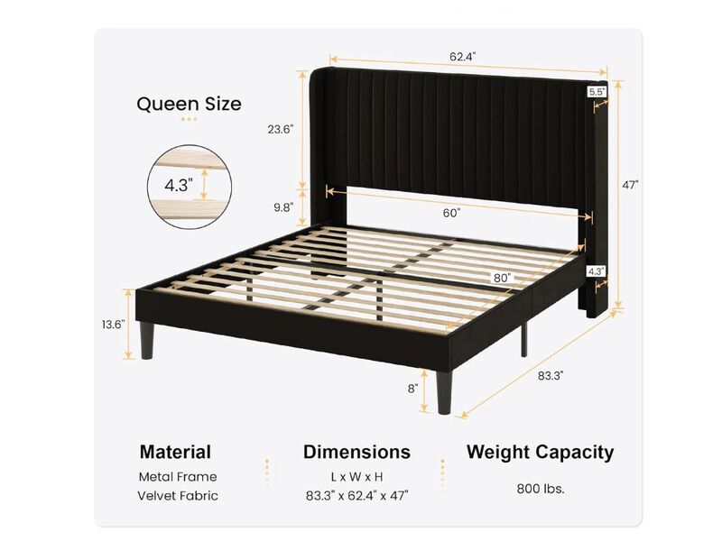 Queen Size Velvet Bed Frame With Vertical Channel Tufted Wingback Headboard, Upholstered Platform Bed With Wood Slats, No Box Spring Needed, Easy Assembly, Black