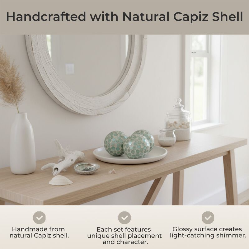 Decorative Balls Set Of 3 Aqua Capiz Shell 4 Inch Coastal Orbs Bowl Fillers image number 6