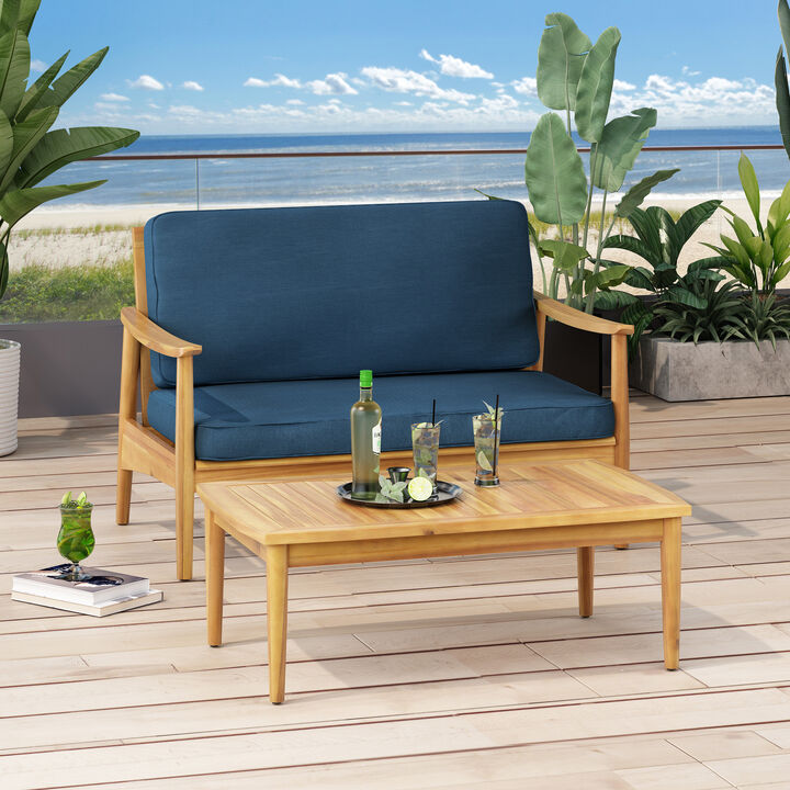 Merax 4-Piece Wood Outdoor Patio Conversation Seating Set with Dark Teal Cushions