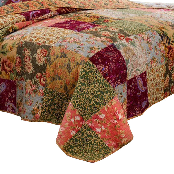 Kamet 5 Piece Fabric King Size Quilt Set with Floral Prints, Multicolor - Benzara