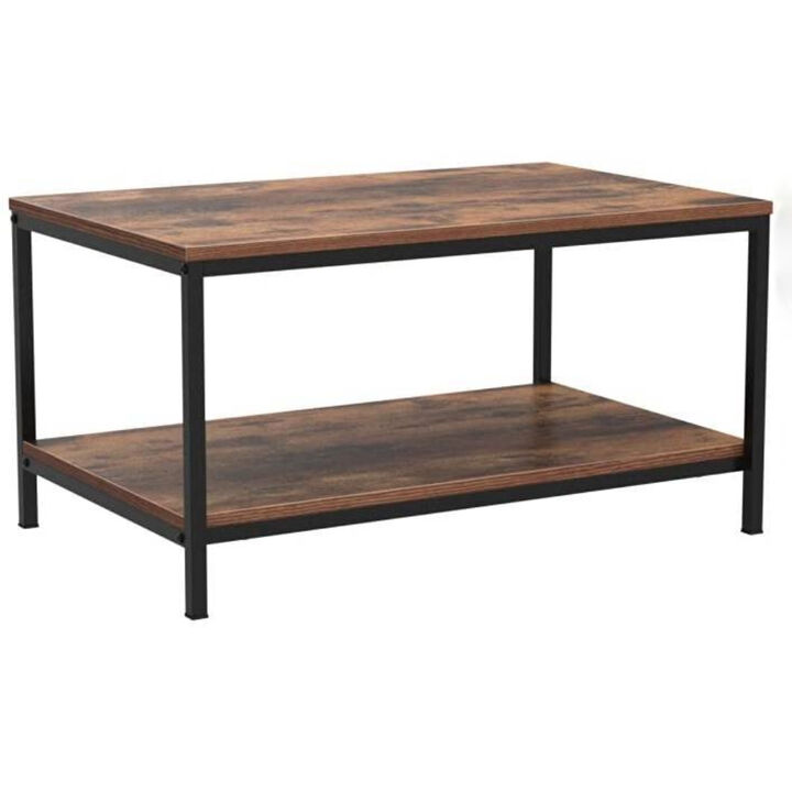 Industrial Style Coffee Table with Two Shelves and Heavy Duty Construction