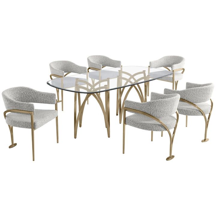 Best Quality Furniture 7Pc Tempered Glass Dining Table Set With 6 Rich Gray With Matte Gold Side Chairs