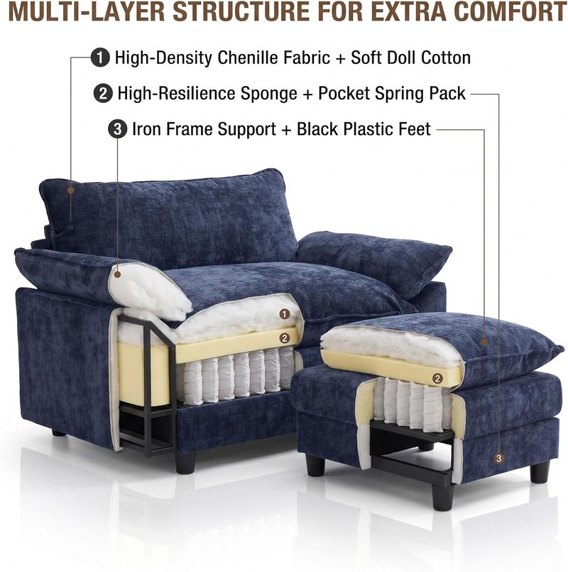 Envelor Chenille Upholstered Accent Chair with Ottoman, Set of 2 image number 5