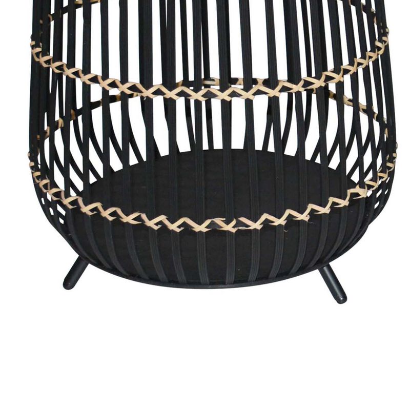 Drum Shaped Open Cage Bamboo Planter with Angled Legs, Set of 3, Black-Benzara