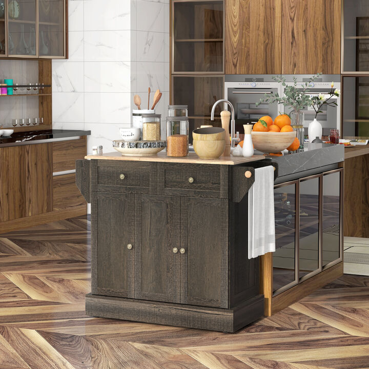 Kitchen Island with Rubber Wood Top Rolling Kitchen Serving Cart Brown