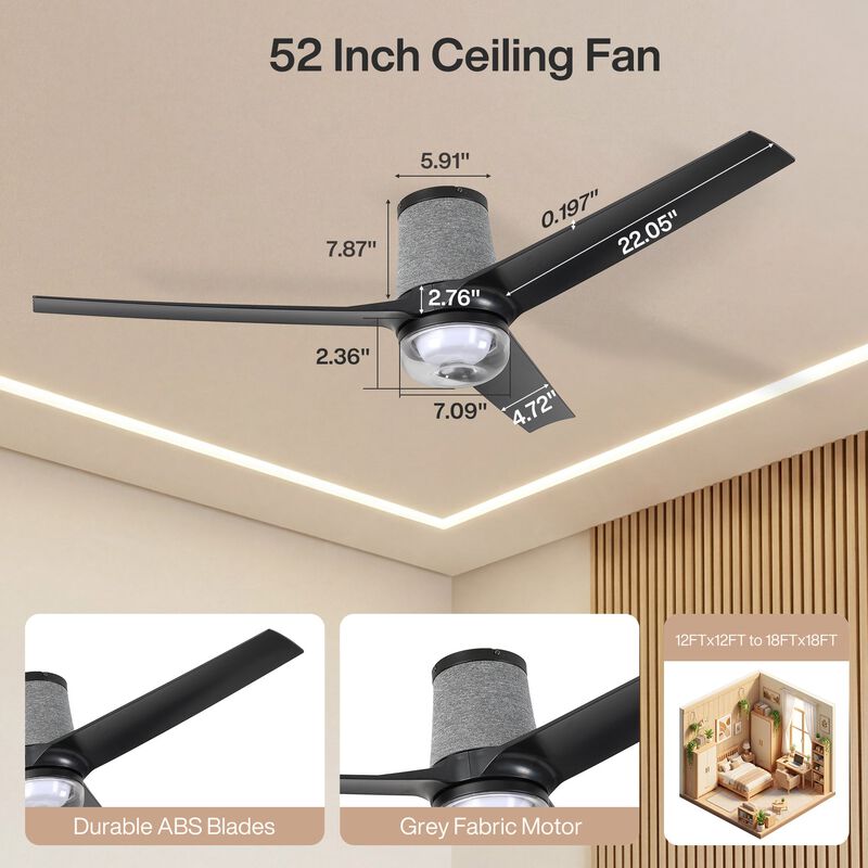 Flush Mount Ceiling Fan with Light and Remote, Smart RGB LED, Black image number 2