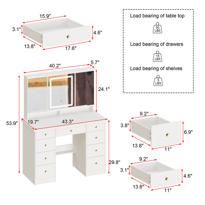 FUFU&GAGA Elegant Vanity Table with 9 Spacious Drawers and LED Mirror - 3 Lighting Modes (43.3”W x 19.7”D x 53.9”H),White