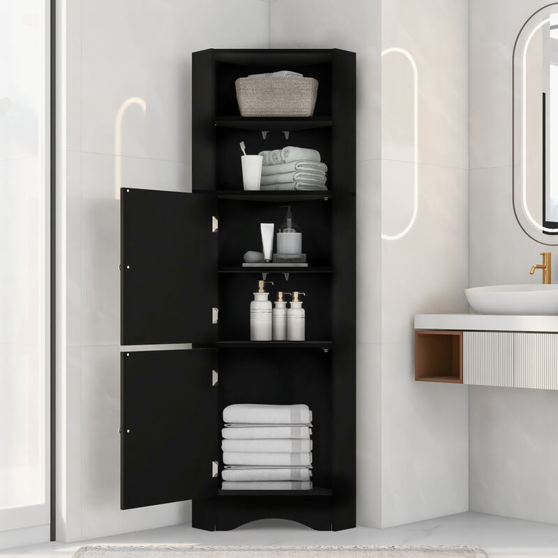 Tall Bathroom Corner Cabinet, Freestanding Storage Cabinet with Doors and Adjustable Shelves, MDF Board, Black